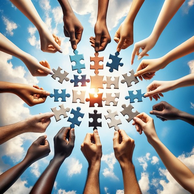 Diverse hands connecting puzzle pieces in sky